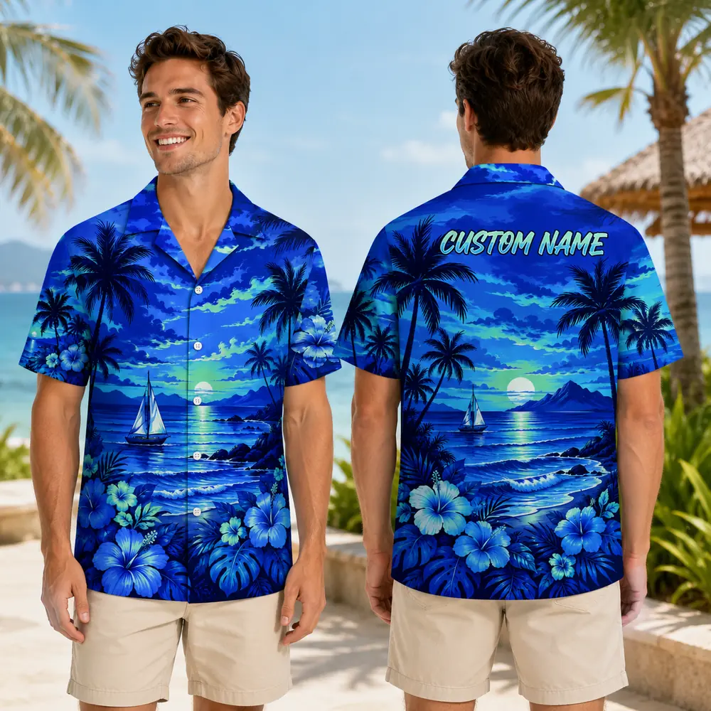Personalized Blue Sunset Ocean Hawaiian Shirt For Men And Women, Short Sleeve Tropical Sea Vacation Print, Custom Name Summer Button Down - View 1
