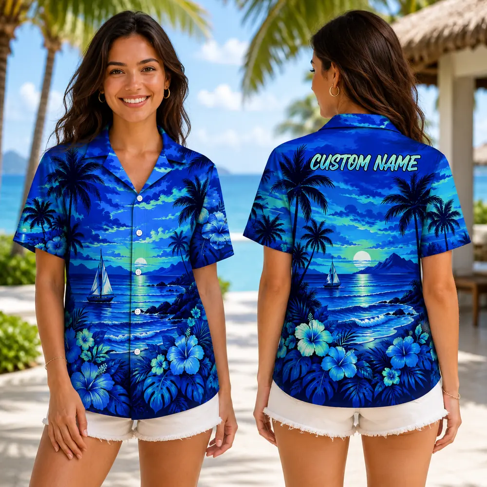 Personalized Blue Sunset Ocean Hawaiian Shirt For Men And Women, Short Sleeve Tropical Sea Vacation Print, Custom Name Summer Button Down - View 2
