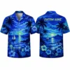 Personalized Blue Sunset Ocean Hawaiian Shirt For Men And Women, Short Sleeve Tropical Sea Vacation Print, Custom Name Summer Button Down
