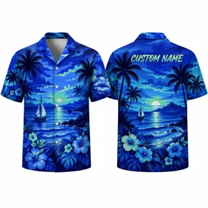 Personalized Blue Sunset Ocean Hawaiian Shirt For Men And Women, Short Sleeve Tropical Sea Vacation Print, Custom Name Summer Button Down