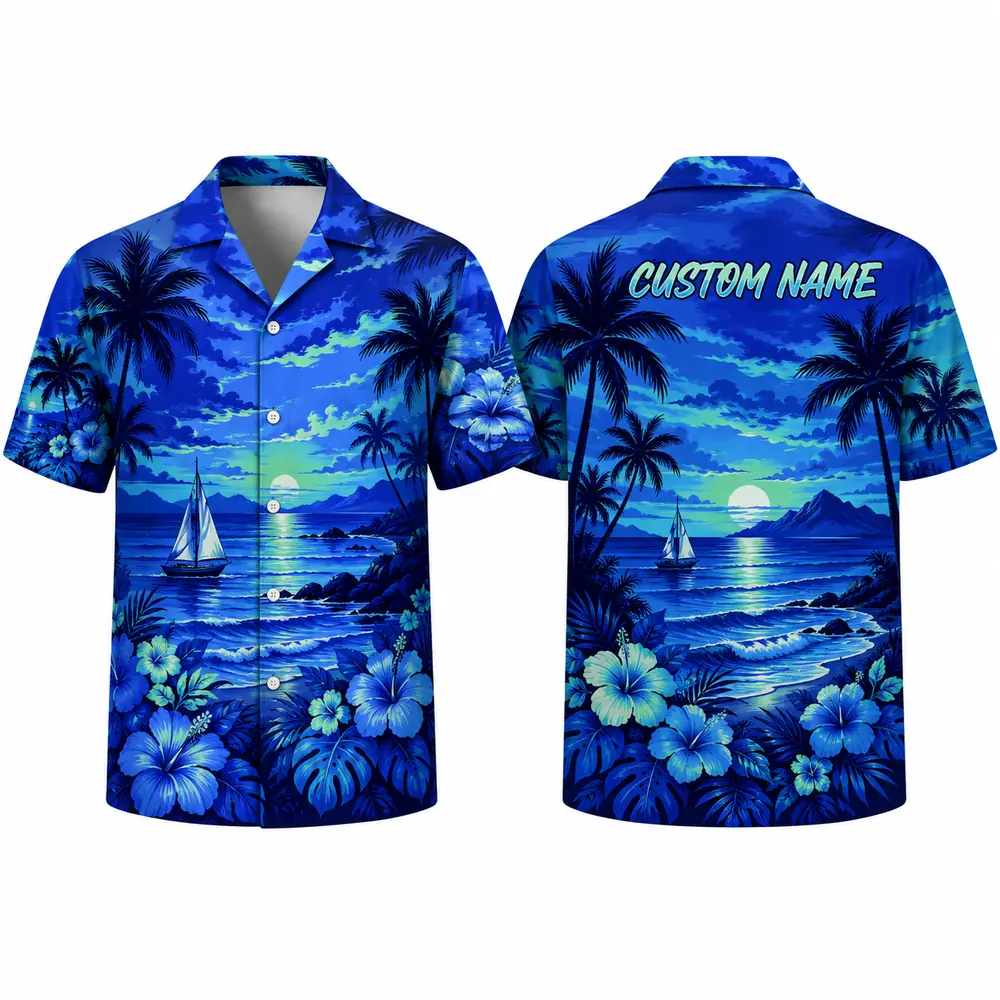 Personalized Blue Sunset Ocean Hawaiian Shirt For Men And Women, Short Sleeve Tropical Sea Vacation Print, Custom Name Summer Button Down