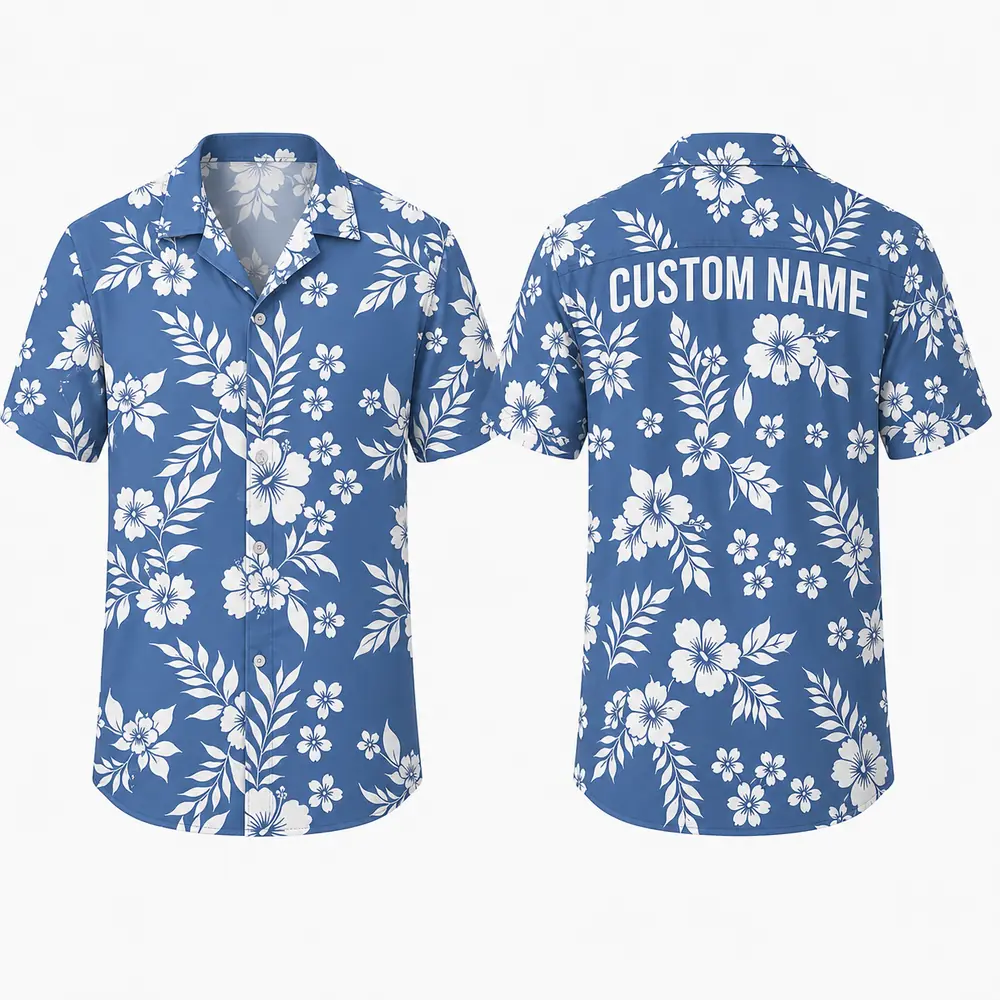 Personalized Blue Tropical White Floral Hawaiian Shirt For Men And Women, Short Sleeve Refreshing Island Vacation Print, Custom Name Summer Button Down