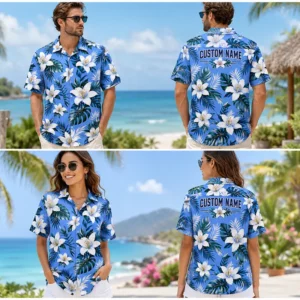 Personalized Blue White Lily Hawaiian Shirt For Men And Women, Short Sleeve Refreshing Tropical Floral Vacation Print, Custom Name Summer Button Down - View 1