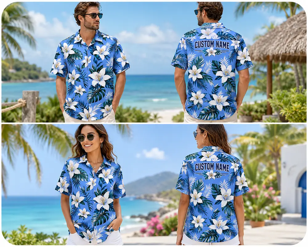 Personalized Blue White Lily Hawaiian Shirt For Men And Women, Short Sleeve Refreshing Tropical Floral Vacation Print, Custom Name Summer Button Down - View 1