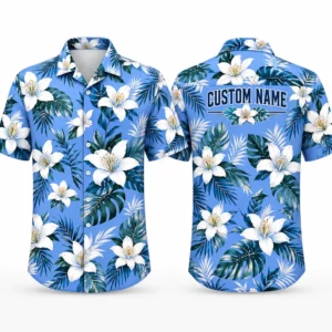 Personalized Blue White Lily Hawaiian Shirt For Men And Women, Short Sleeve Refreshing Tropical Floral Vacation Print, Custom Name Summer Button Down