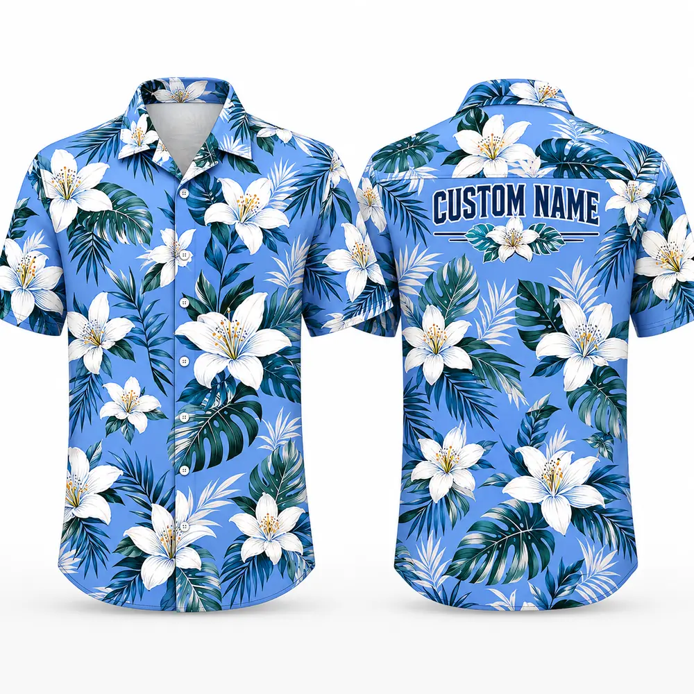 Personalized Blue White Lily Hawaiian Shirt For Men And Women, Short Sleeve Refreshing Tropical Floral Vacation Print, Custom Name Summer Button Down