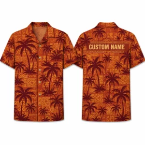 Personalized Burnt Orange Palm Tree Hawaiian Shirt For Men And Women, Short Sleeve Sunset Island Vacation Print, Custom Name Summer Button Down