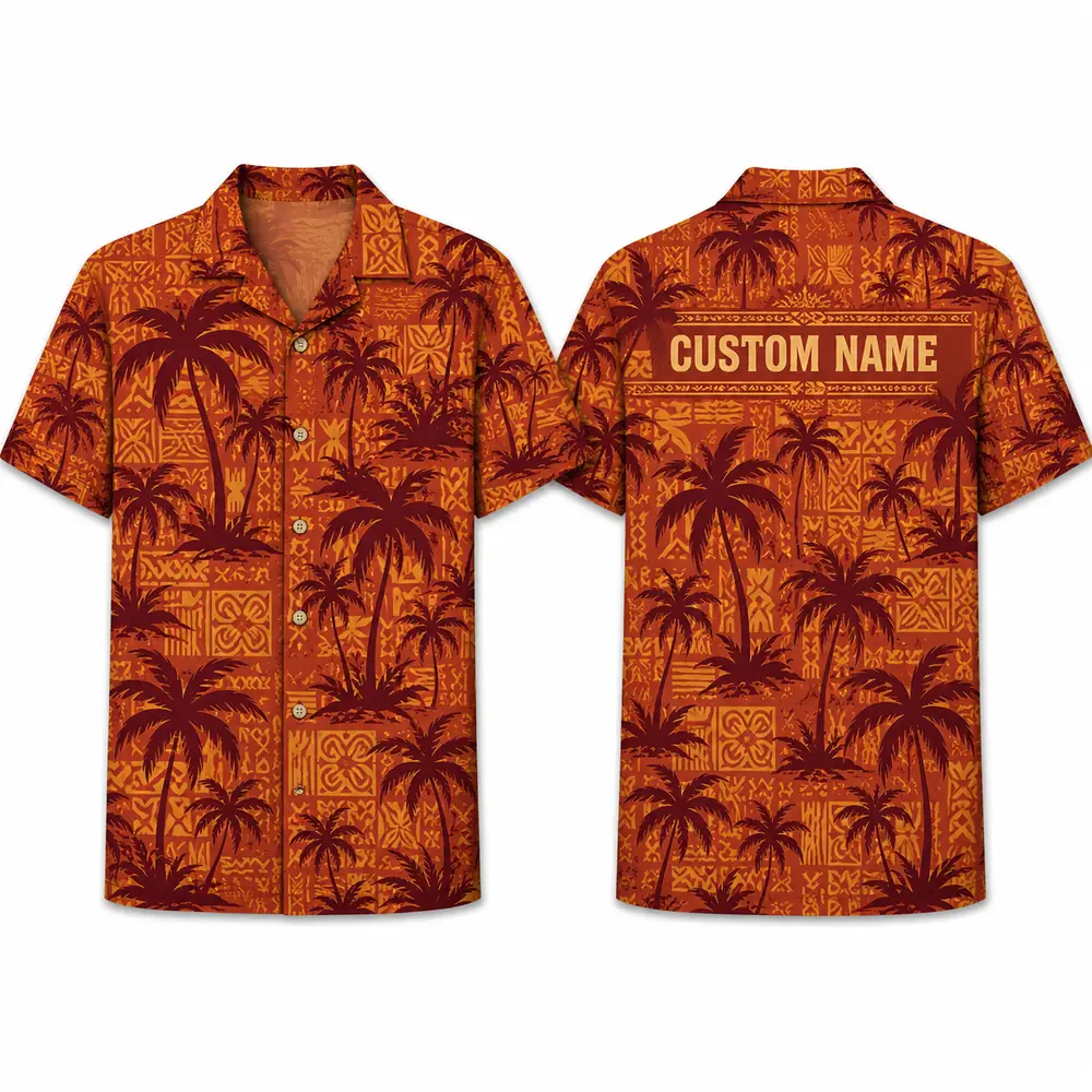 Personalized Burnt Orange Palm Tree Hawaiian Shirt For Men And Women, Short Sleeve Sunset Island Vacation Print, Custom Name Summer Button Down