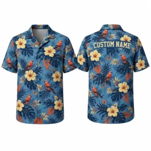 Personalized Cardinal Bird And Yellow Flower Hawaiian Shirt For Men And Women, Short Sleeve Tropical Nature Summer Print, Custom Name Button Down