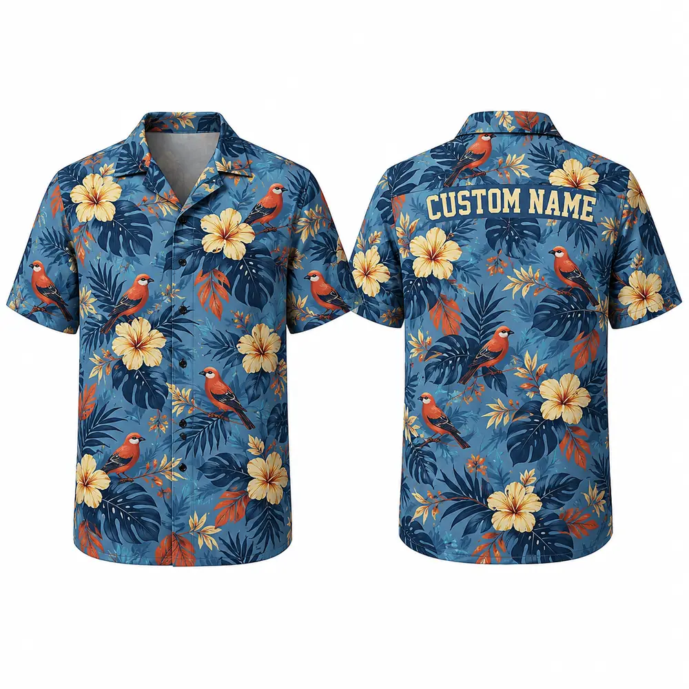 Personalized Cardinal Bird And Yellow Flower Hawaiian Shirt For Men And Women, Short Sleeve Tropical Nature Summer Print, Custom Name Button Down