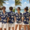 Personalized Classic Blue Hibiscus Hawaiian Shirt For Men And Women, Short Sleeve Vintage Tropical Floral Summer Print, Custom Name Button Down - View 1