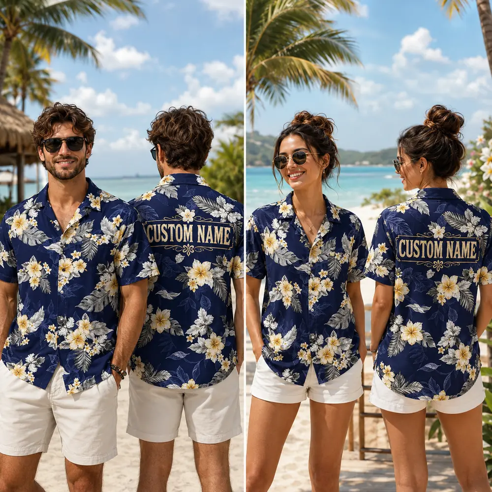 Personalized Classic Blue Hibiscus Hawaiian Shirt For Men And Women, Short Sleeve Vintage Tropical Floral Summer Print, Custom Name Button Down - View 1