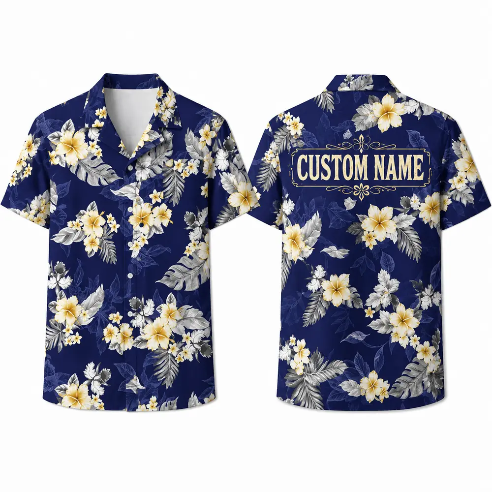 Personalized Classic Blue Hibiscus Hawaiian Shirt For Men And Women, Short Sleeve Vintage Tropical Floral Summer Print, Custom Name Button Down