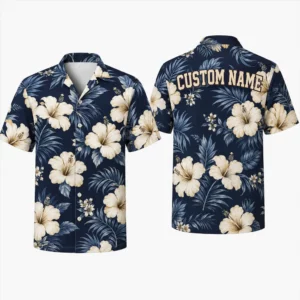 Personalized Classic White Hibiscus Hawaiian Shirt For Men And Women, Short Sleeve Vintage Floral Island Vacation Print, Custom Name Summer Button Down