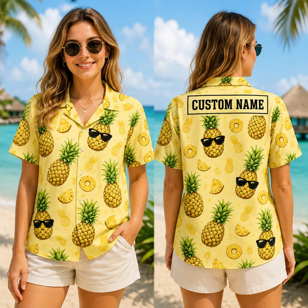 Personalized Cool Pineapple Hawaiian Shirt For Men And Women, Short Sleeve Funny Sunglasses Tropical, Custom Name Summer Button Down - View 2
