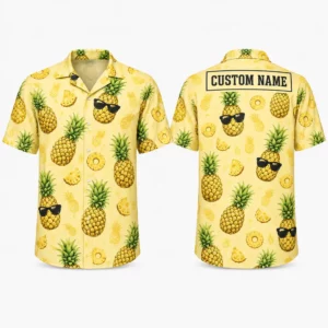 Personalized Cool Pineapple Hawaiian Shirt For Men And Women, Short Sleeve Funny Sunglasses Tropical, Custom Name Summer Button Down