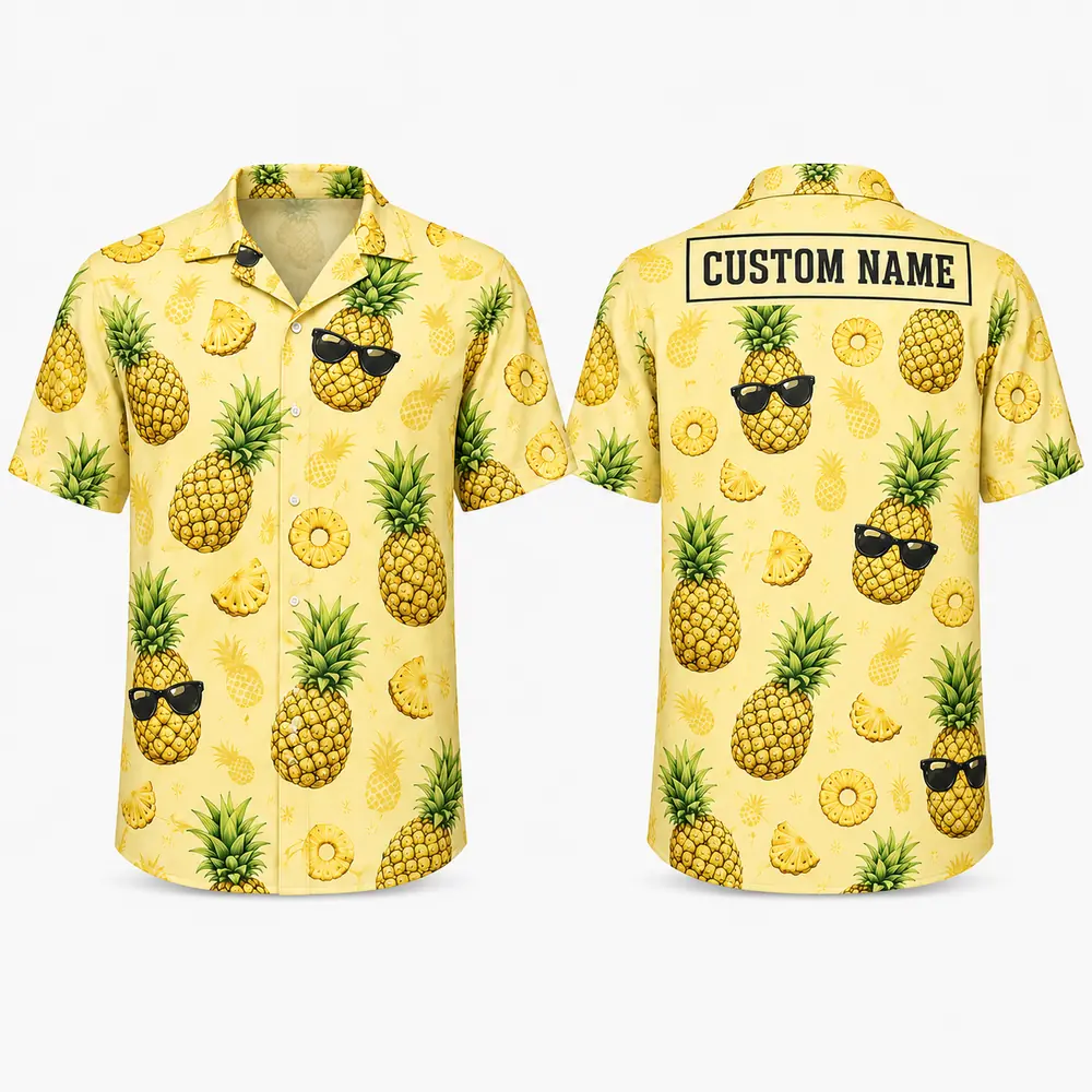 Personalized Cool Pineapple Hawaiian Shirt For Men And Women, Short Sleeve Funny Sunglasses Tropical, Custom Name Summer Button Down