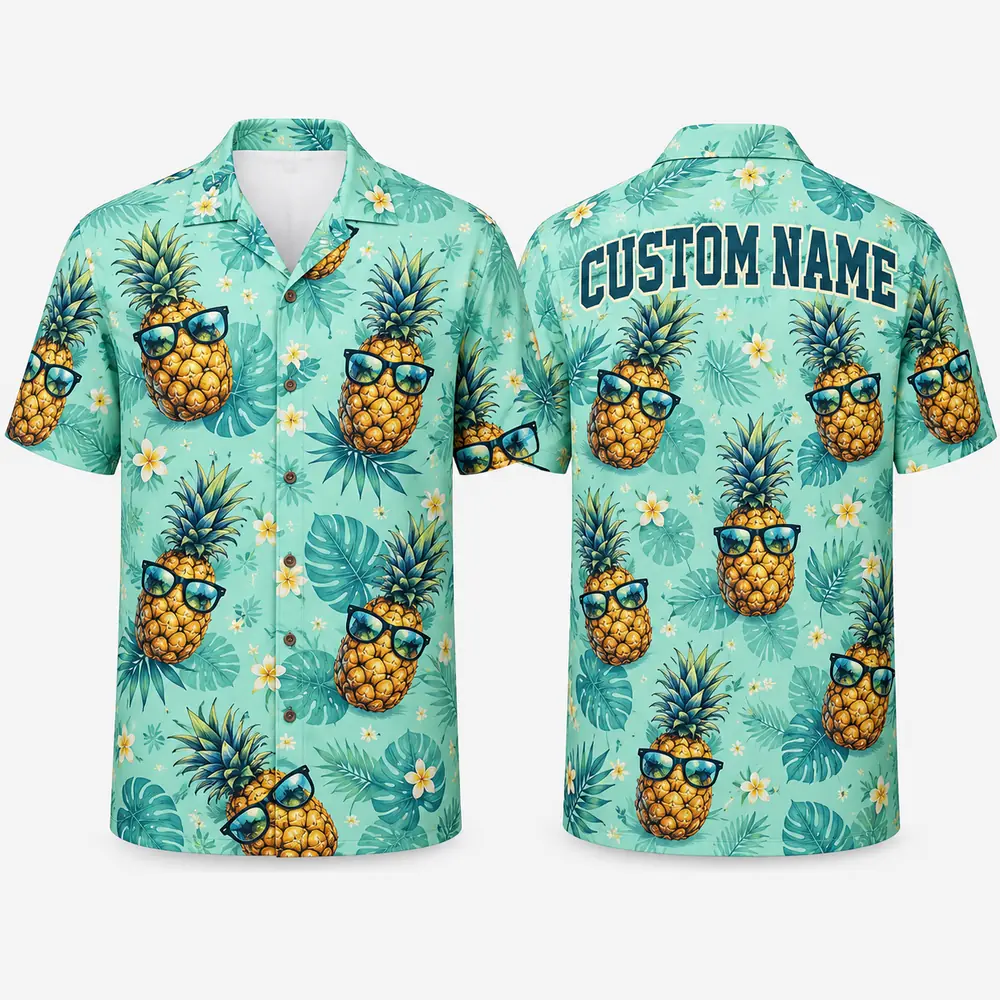 Personalized Cool Pineapple Hawaiian Shirt For Men And Women, Short Sleeve Mint Green Tropical Sunglasses Print, Custom Name Summer Button Down