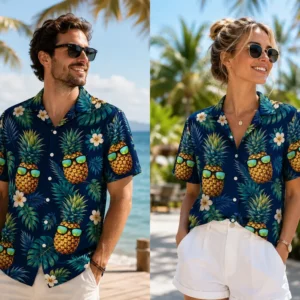 Personalized Cool Pineapple Hawaiian Shirt For Men And Women, Short Sleeve Navy Blue Tropical Sunglasses Print, Custom Name Summer Button Down - View 1