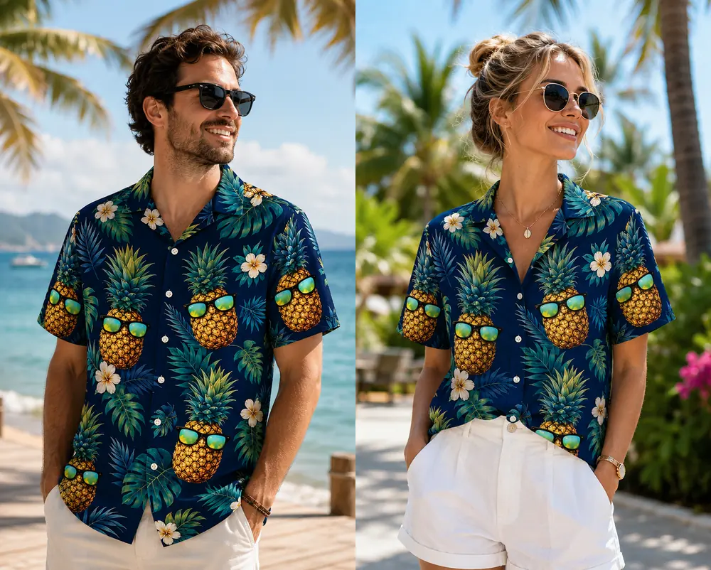 Personalized Cool Pineapple Hawaiian Shirt For Men And Women, Short Sleeve Navy Blue Tropical Sunglasses Print, Custom Name Summer Button Down - View 1