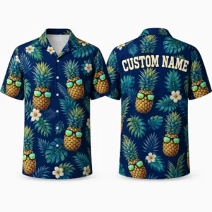 Personalized Cool Pineapple Hawaiian Shirt For Men And Women, Short Sleeve Navy Blue Tropical Sunglasses Print, Custom Name Summer Button Down