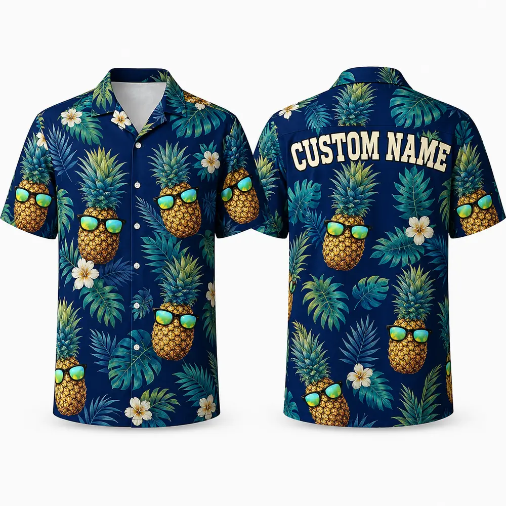 Personalized Cool Pineapple Hawaiian Shirt For Men And Women, Short Sleeve Navy Blue Tropical Sunglasses Print, Custom Name Summer Button Down