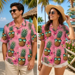 Personalized Cool Pineapple Hawaiian Shirt For Men And Women, Short Sleeve Pink Tropical Sunglasses Print, Custom Name Summer Button Down - View 1