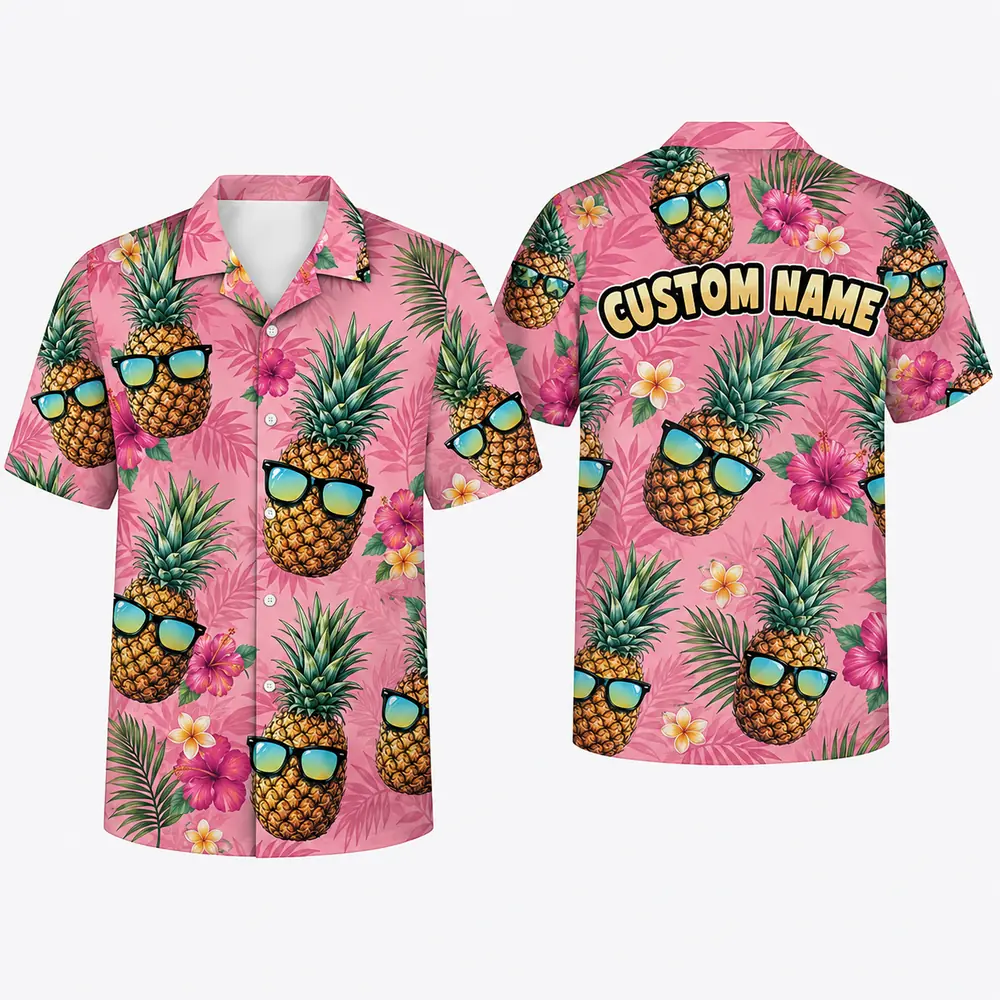Personalized Cool Pineapple Hawaiian Shirt For Men And Women, Short Sleeve Pink Tropical Sunglasses Print, Custom Name Summer Button Down