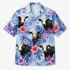 Personalized Cow Summer Beach Aloha Hawaiian Shirt For Men And Women, Short Sleeve Cute Farm Animal Tropical Island Vacation, Custom Name Button Down - Style 1