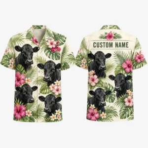 Personalized Cow Tropical Hawaiian Shirt For Men And Women, Short Sleeve Cute Farm Animal Island Vacation, Custom Name Summer Button Down - Style 1