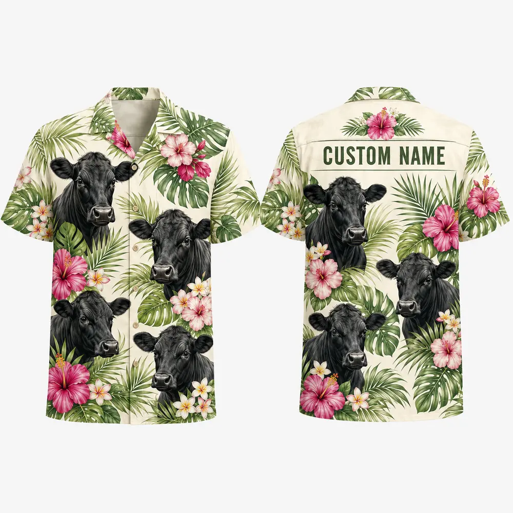 Personalized Cow Tropical Hawaiian Shirt For Men And Women, Short Sleeve Cute Farm Animal Island Vacation, Custom Name Summer Button Down - Style 1
