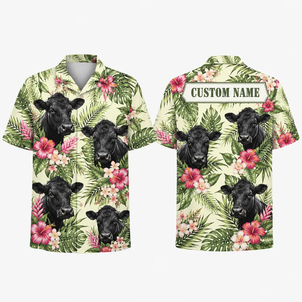 Personalized Cow Tropical Hawaiian Shirt For Men And Women, Short Sleeve Cute Farm Animal Island Vacation, Custom Name Summer Button Down - Style 10