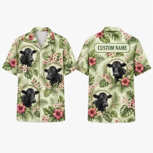 Personalized Cow Tropical Hawaiian Shirt For Men And Women, Short Sleeve Cute Farm Animal Island Vacation, Custom Name Summer Button Down - Style 2
