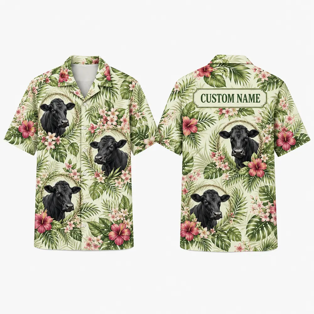 Personalized Cow Tropical Hawaiian Shirt For Men And Women, Short Sleeve Cute Farm Animal Island Vacation, Custom Name Summer Button Down - Style 2