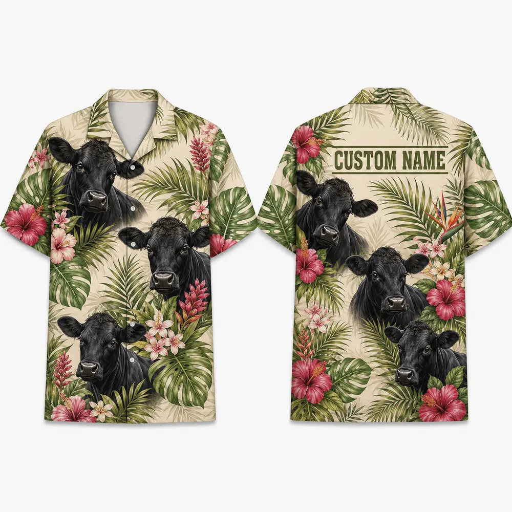 Personalized Cow Tropical Hawaiian Shirt For Men And Women, Short Sleeve Cute Farm Animal Island Vacation, Custom Name Summer Button Down - Style 3
