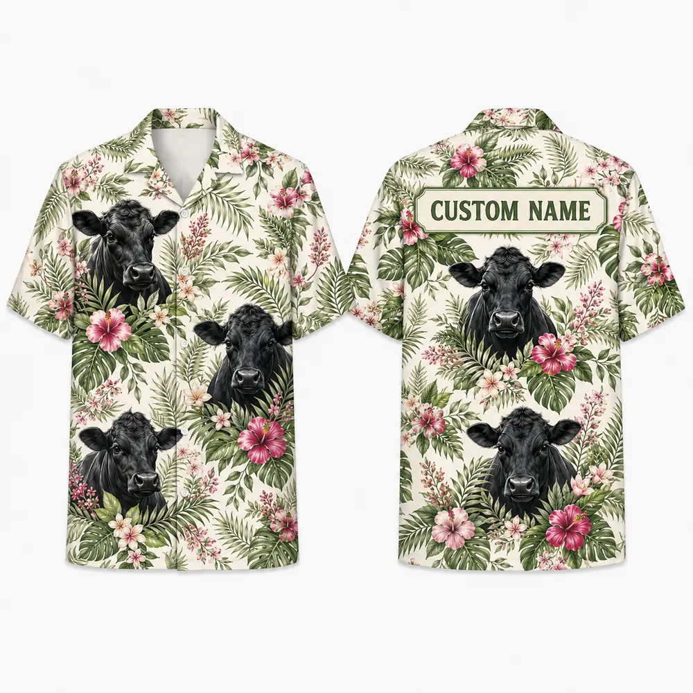 Personalized Cow Tropical Hawaiian Shirt For Men And Women, Short Sleeve Cute Farm Animal Island Vacation, Custom Name Summer Button Down - Style 4