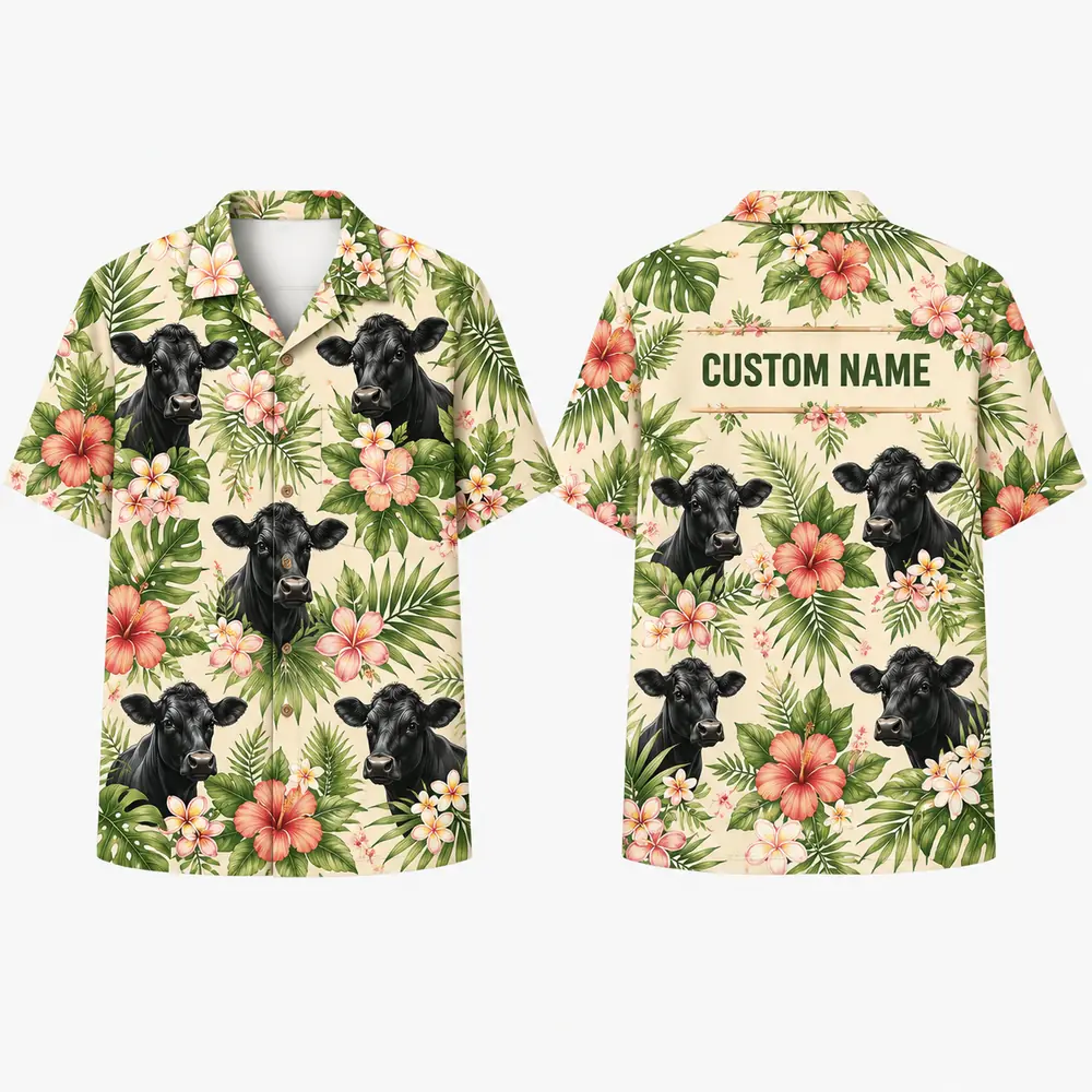 Personalized Cow Tropical Hawaiian Shirt For Men And Women, Short Sleeve Cute Farm Animal Island Vacation, Custom Name Summer Button Down - Style 5