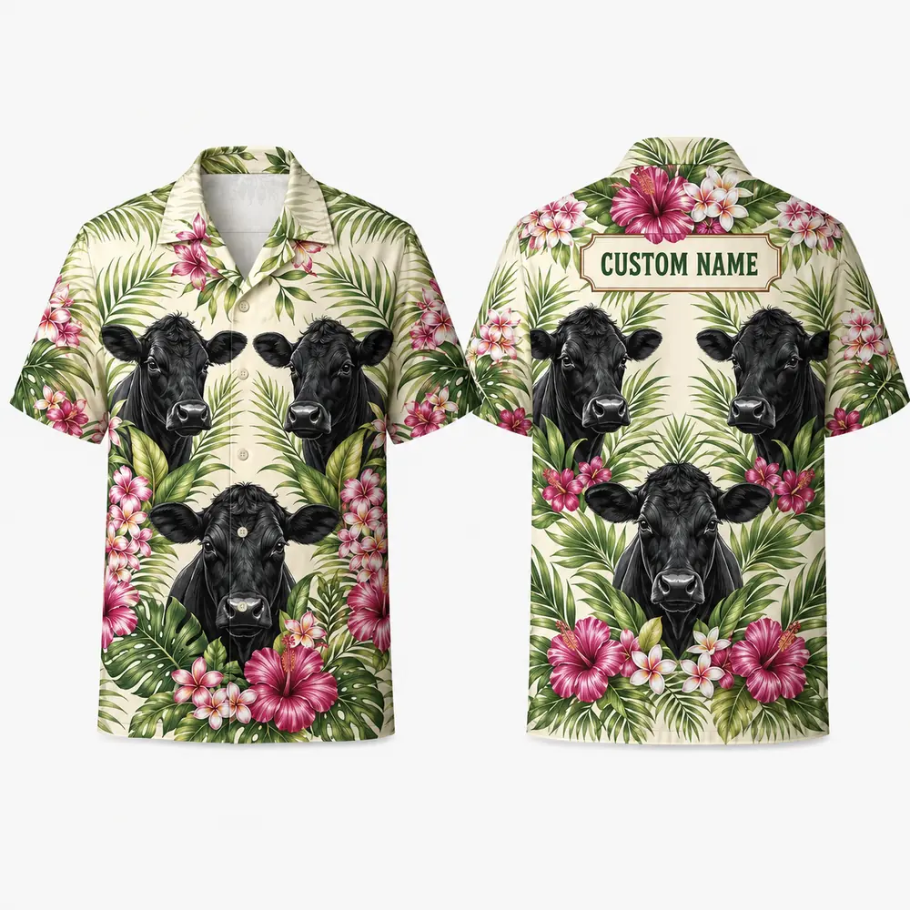 Personalized Cow Tropical Hawaiian Shirt For Men And Women, Short Sleeve Cute Farm Animal Island Vacation, Custom Name Summer Button Down - Style 6