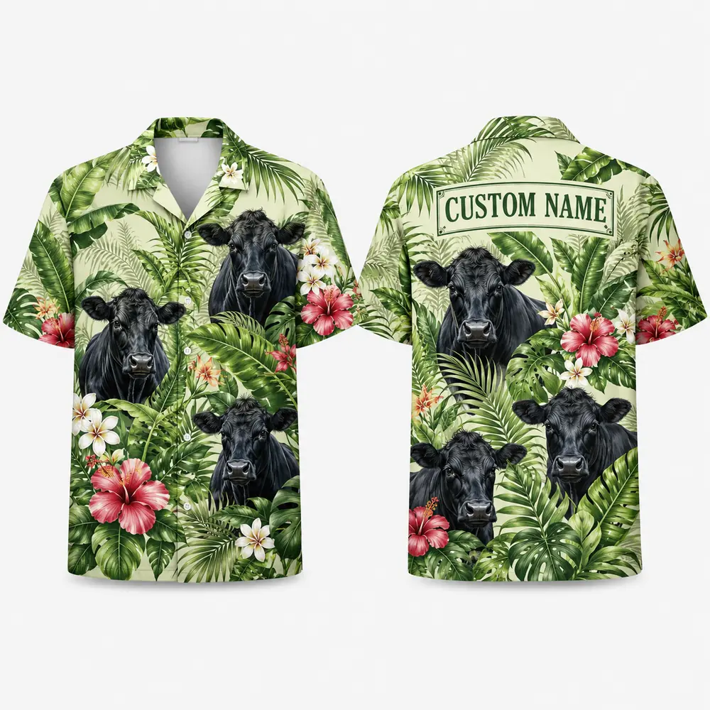 Personalized Cow Tropical Hawaiian Shirt For Men And Women, Short Sleeve Cute Farm Animal Island Vacation, Custom Name Summer Button Down - Style 7