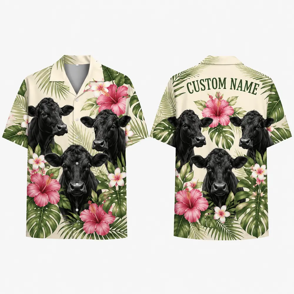 Personalized Cow Tropical Hawaiian Shirt For Men And Women, Short Sleeve Cute Farm Animal Island Vacation, Custom Name Summer Button Down - Style 8