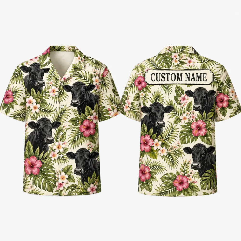 Personalized Cow Tropical Hawaiian Shirt For Men And Women, Short Sleeve Cute Farm Animal Island Vacation, Custom Name Summer Button Down - Style 9