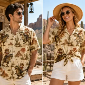 Personalized Cowboy Cat Riding Dinosaur Hawaiian Shirt For Men And Women, Short Sleeve Funny Western Dino Adventure Print, Custom Name Button Down - View 1