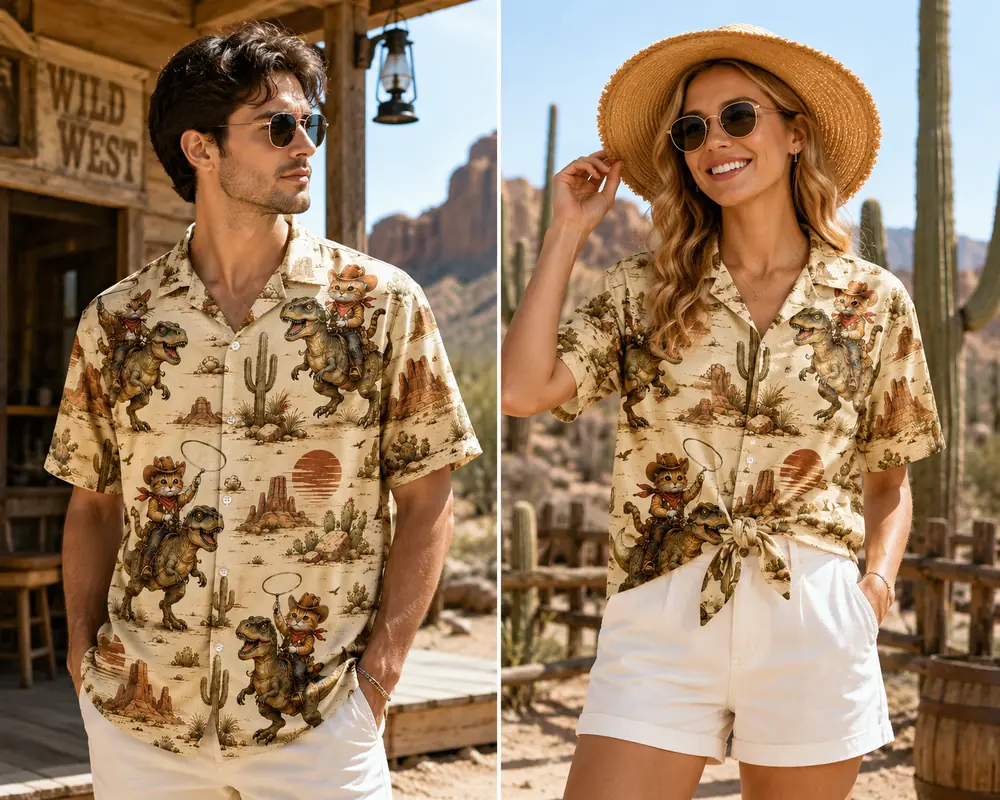 Personalized Cowboy Cat Riding Dinosaur Hawaiian Shirt For Men And Women, Short Sleeve Funny Western Dino Adventure Print, Custom Name Button Down - View 1