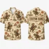 Personalized Cowboy Cat Riding Dinosaur Hawaiian Shirt For Men And Women, Short Sleeve Funny Western Dino Adventure Print, Custom Name Button Down