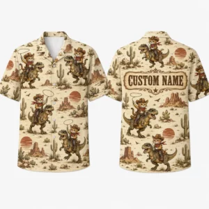 Personalized Cowboy Cat Riding Dinosaur Hawaiian Shirt For Men And Women, Short Sleeve Funny Western Dino Adventure Print, Custom Name Button Down