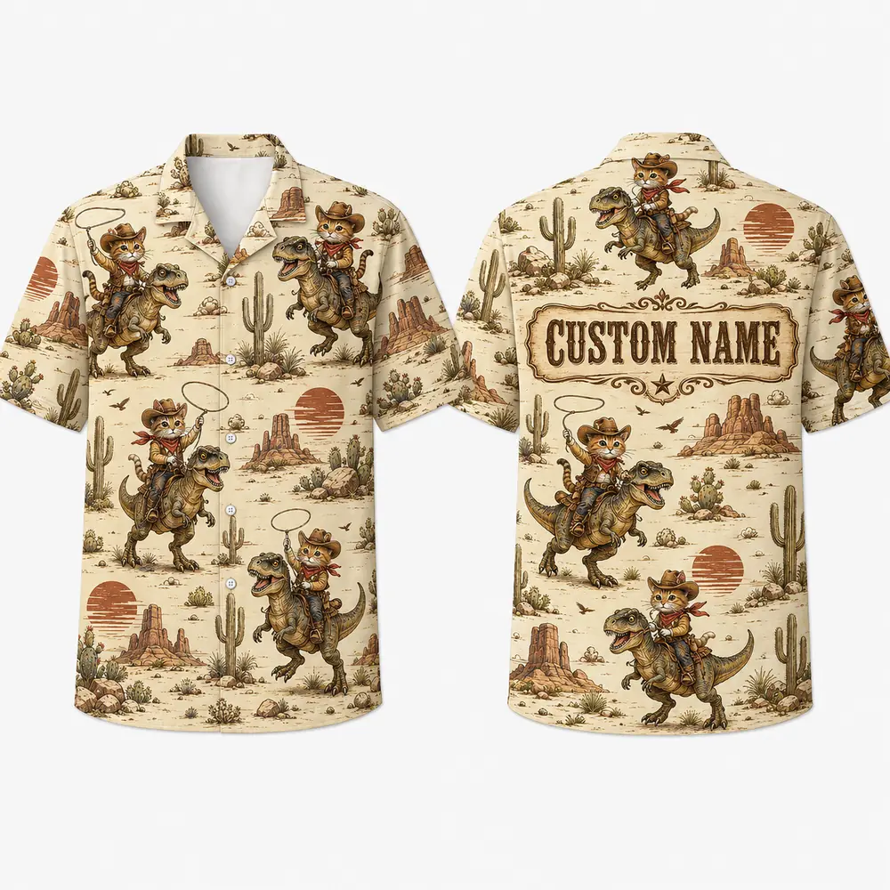 Personalized Cowboy Cat Riding Dinosaur Hawaiian Shirt For Men And Women, Short Sleeve Funny Western Dino Adventure Print, Custom Name Button Down