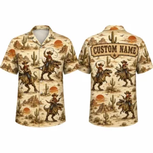 Personalized Cowboy Dinosaur Hawaiian Shirt For Men And Women, Short Sleeve Vintage Western Desert Adventure Print, Custom Name Button Down