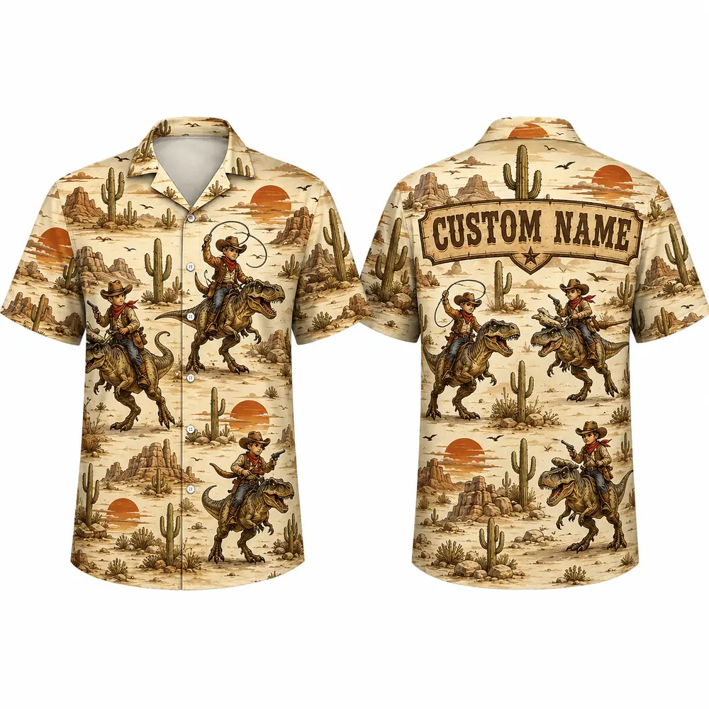 Personalized Cowboy Dinosaur Hawaiian Shirt For Men And Women, Short Sleeve Vintage Western Desert Adventure Print, Custom Name Button Down