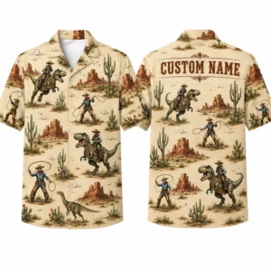 Personalized Cowboy Riding Dinosaur Hawaiian Shirt For Men And Women, Short Sleeve Western Desert Adventure Print, Custom Name Button Down
