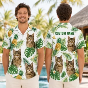 Personalized Cute Cat Tropical Hawaiian Shirt For Men And Women, Short Sleeve Funny Pet Lover Summer Print, Custom Name Button Down - View 1